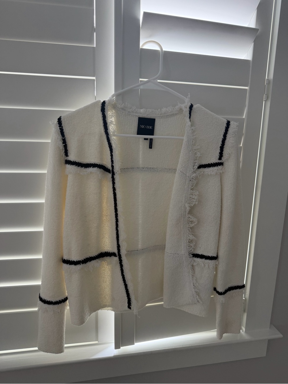 NIC+ZOE Ivory Bouclé Cardigan with Black Trim